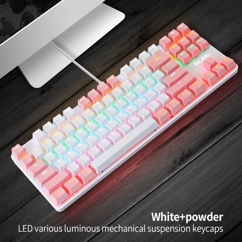 Bajeal K100 Wired  RGB Breathing Light 87 Keys Blue Switch Gaming Mechanical Keyboard for Desktop and Laptop (Powder+Whit
