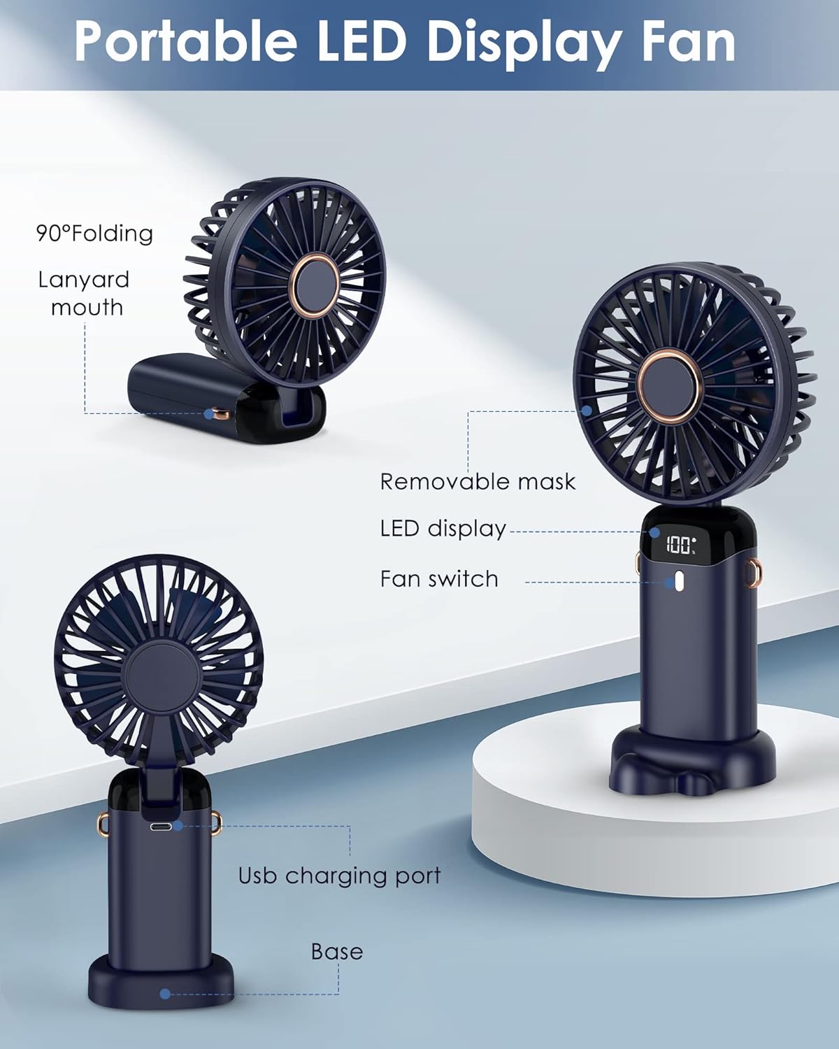 Handheld Fan 3000mAh, 5 Speeds Portable Desk Fan USB, Small Hand Fan with Power Display, Standing Base, Hanging Rope, Battery Operated Hand Held Fan, Foldable Mini Fan for Table Room Travel