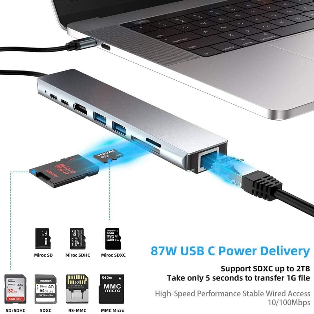 Type-C to HDTV 8-in-1 Adapter, HDMI, PD Charging, 2 USB Ports, SD/TF Card Reader, RJ45 Ethernet, Compatible with Linux, Windows XP/Vista/10, Chrome OS