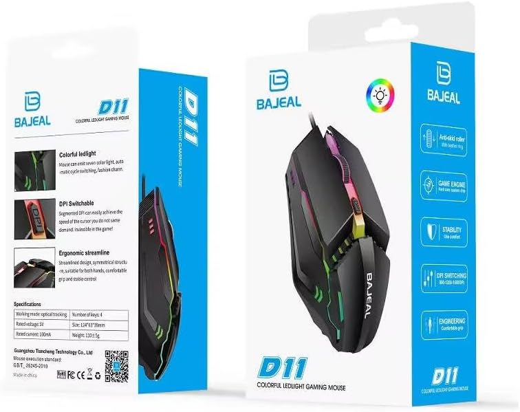 Bajeal D11 RGB Wired Gaming Mouse with Anti-skid leather roller, DPI Adjustable and Ergonomic Design