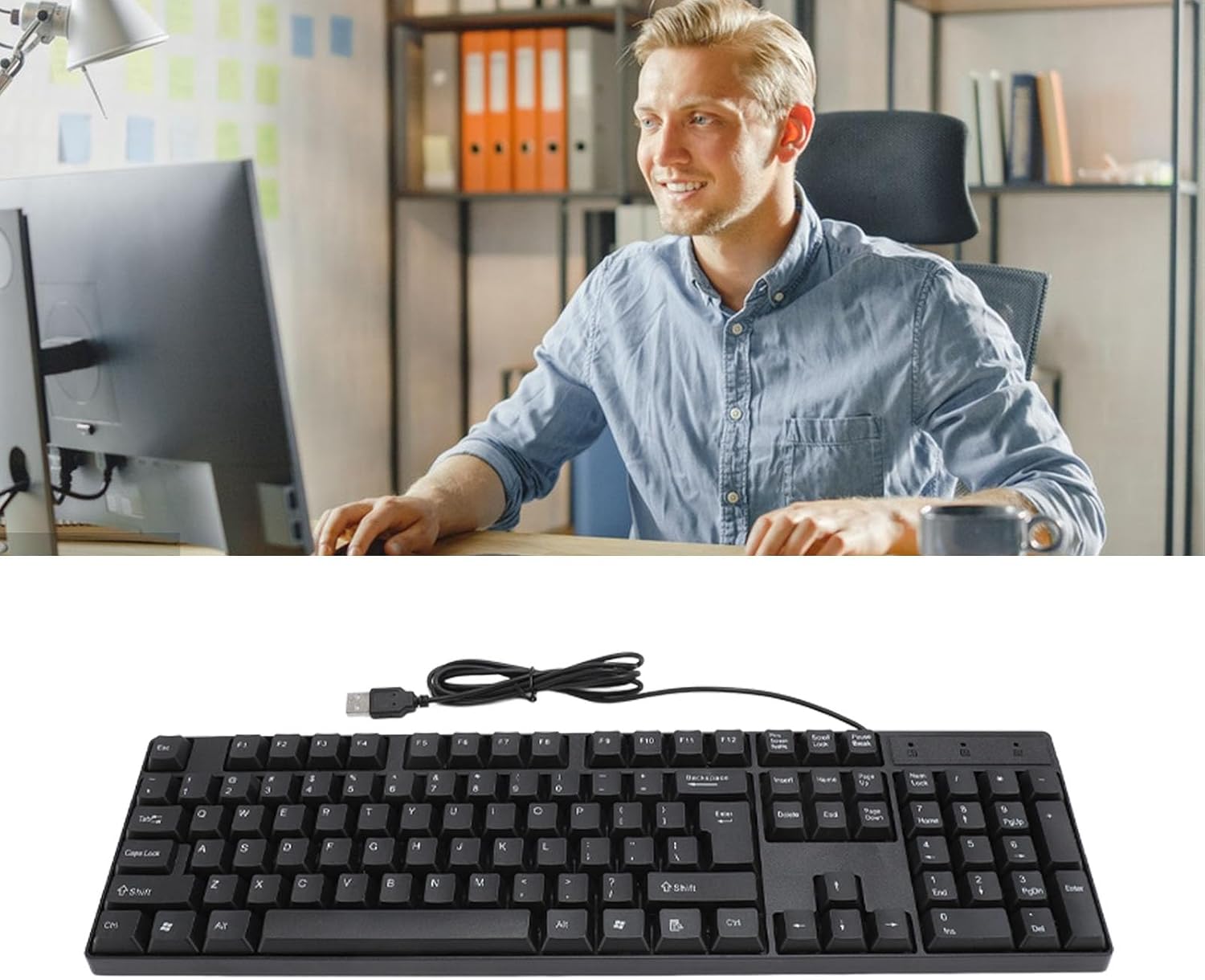 Biojee K1800 Wired USB Keyboard, 104 Keys Minority Language Keyboard Wired USB Gaming Keyboard, Russian/Spanish/French/Wired Keyboard, for Home Office, Work, Plug & Play (English)