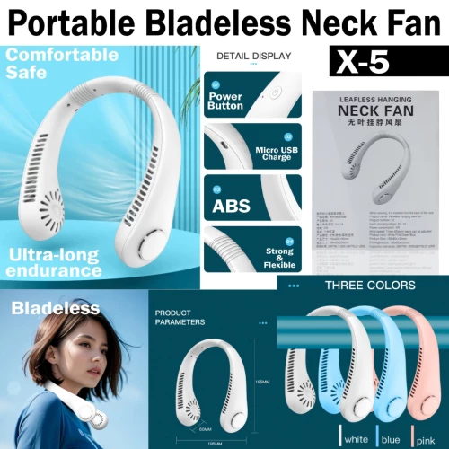 X5-Leafless Hanging Neck Fan Mini USB Rechargeable 360° Surrounding Air Cooling Bladeless Fan Kipas Leher 3 Gears