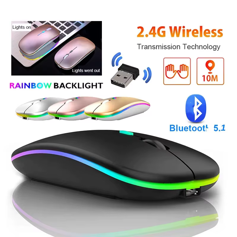 Wireless Bluetooth Mouse, LED Slim Dual Mode (Bluetooth 5.1 + USB) 2.4GHz Rechargeable Silent Bluetooth Wireless Mouse, Computer Mice with USB Receiver(Black)